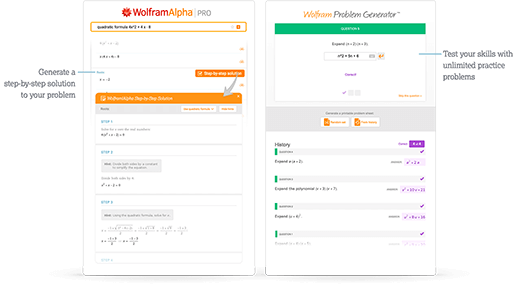 Step-by-step solutions for quadratic equations with alternate methods, informative hints and unlimited Wolfram Problem Generator practice problems