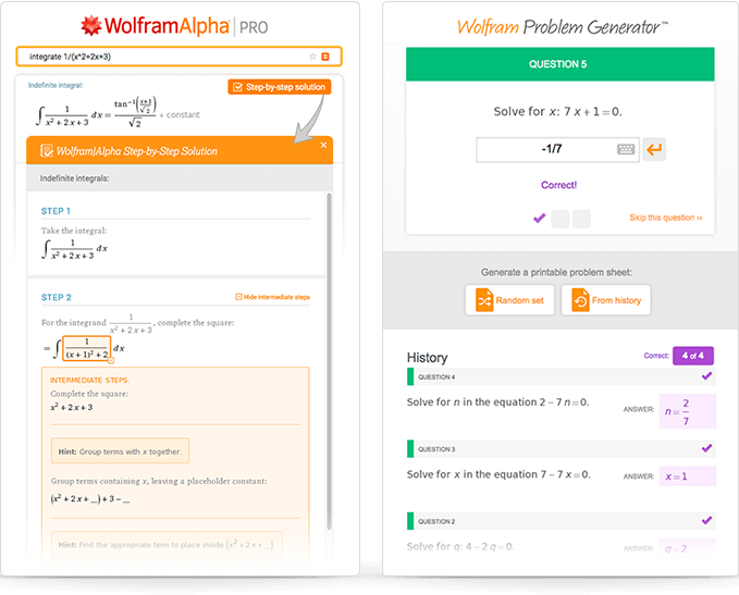 Wolfram|Alpha 결과에서 다양한 학습 도구 사용{ARROW}